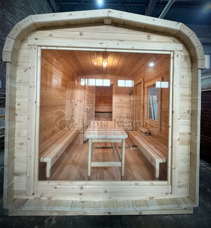 Баня-бочка «Пентагон» с боковым входом и панорамным окном